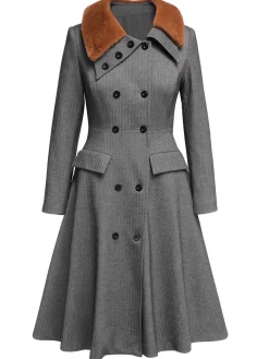 Sale Retro Stage 1930s Faux Fur Lapel Collar Coat Gray