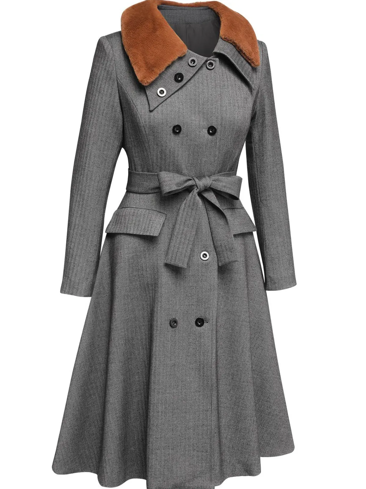 Sale Retro Stage 1930s Faux Fur Lapel Collar Coat Gray
