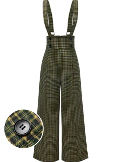 Online Retro Stage Gray 1940s Glen Plaid Buttoned Overall Pants