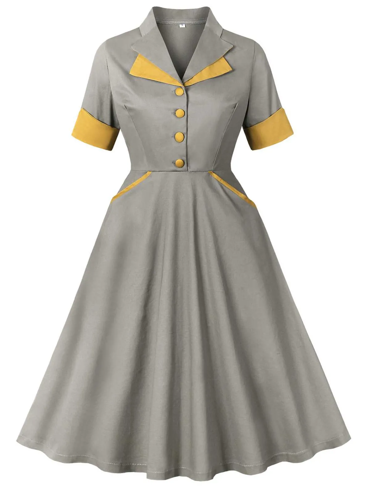 Discount Retro Stage 1950s Lapel Pocketed Swing Dress Gray