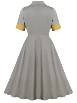 Discount Retro Stage 1950s Lapel Pocketed Swing Dress Gray