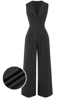 Fashion Retro Stage Gray 1940s Pinstripes Sleeveless Lapel Jumpsuit Dark Gray