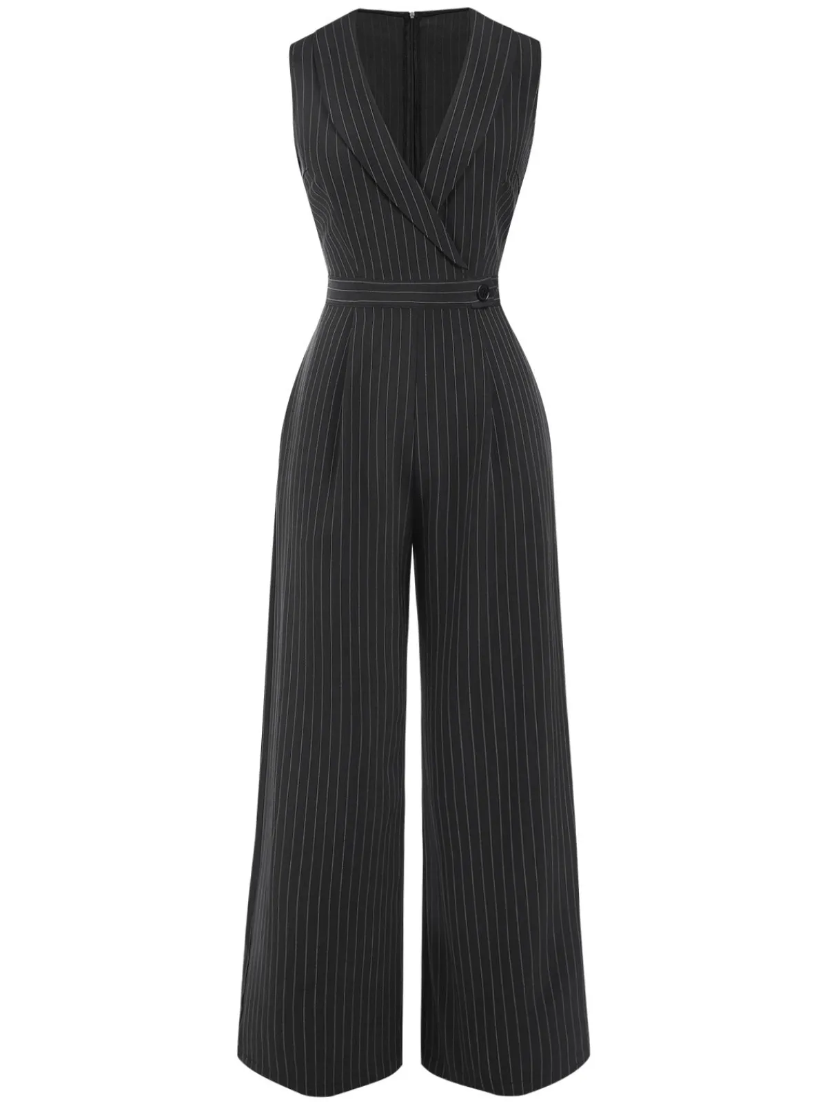 Fashion Retro Stage Gray 1940s Pinstripes Sleeveless Lapel Jumpsuit Dark Gray