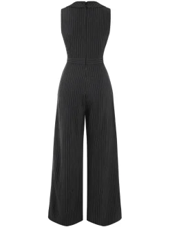 Fashion Retro Stage Gray 1940s Pinstripes Sleeveless Lapel Jumpsuit Dark Gray