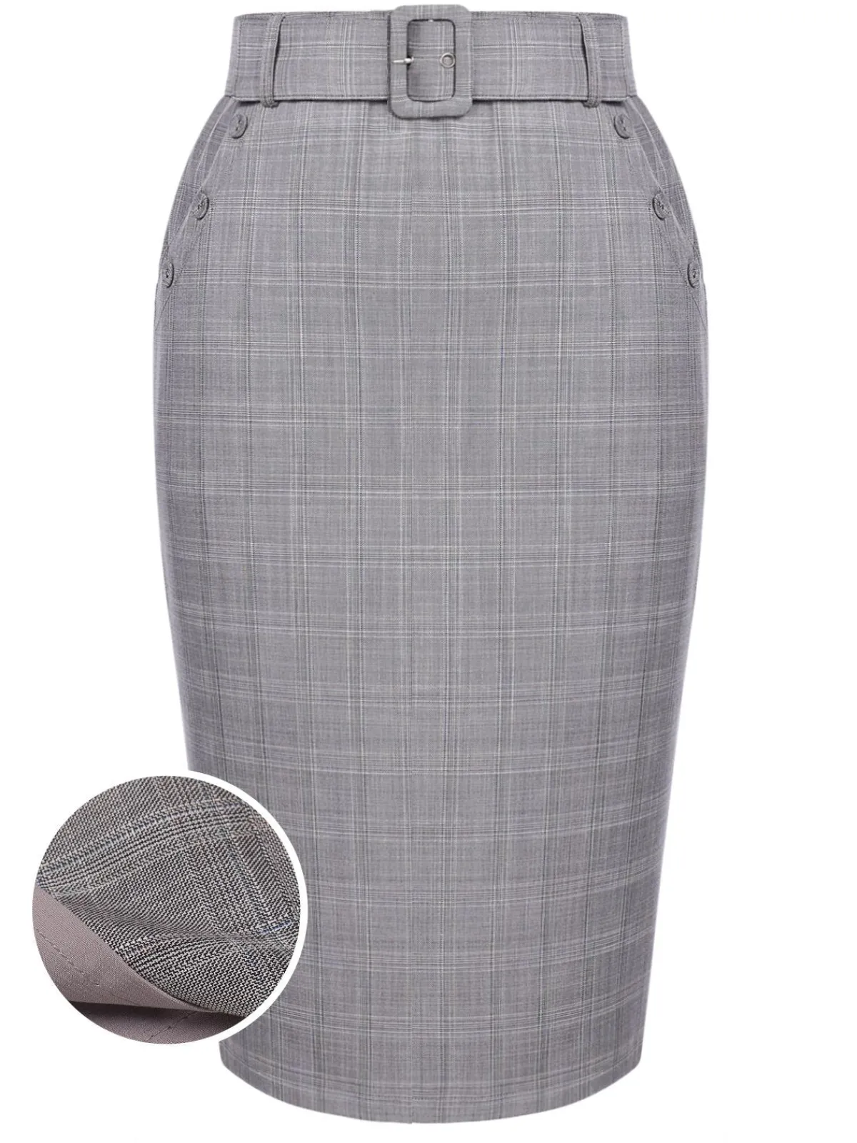 Hot Retro Stage 1960s Plaid Belt Pencil Skirt Gray