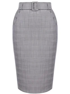Hot Retro Stage 1960s Plaid Belt Pencil Skirt Gray
