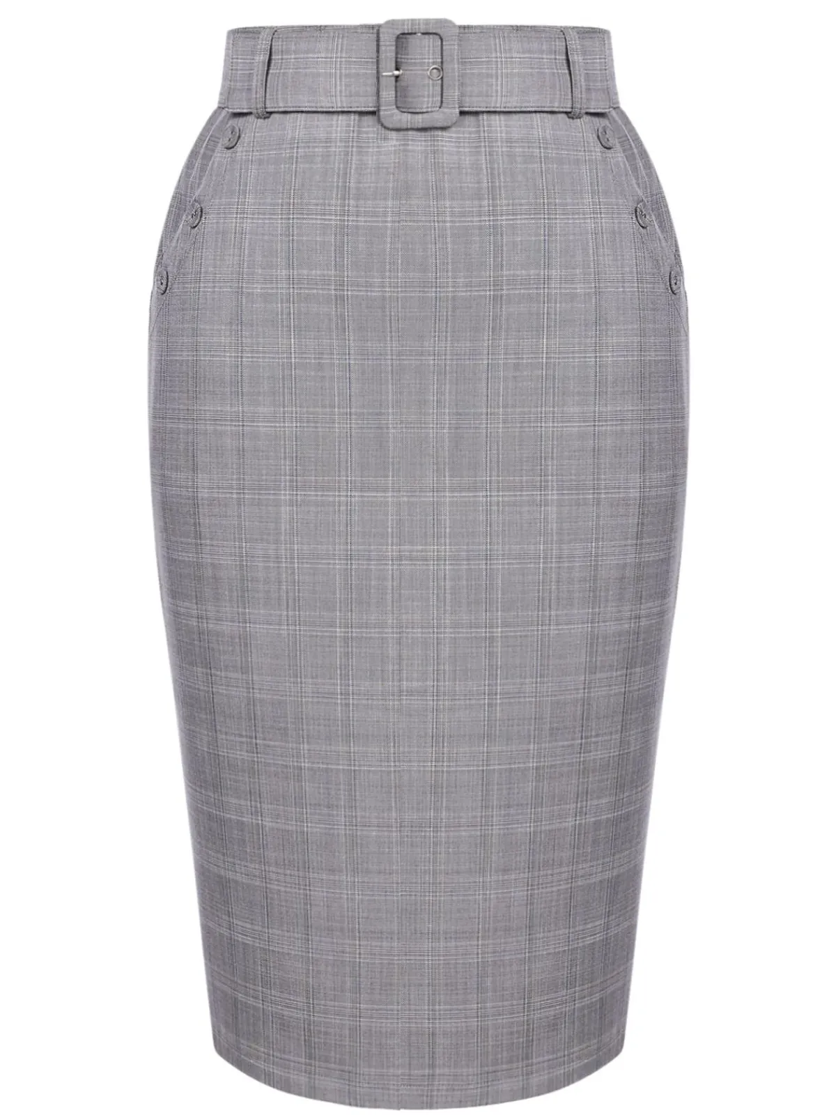 Hot Retro Stage 1960s Plaid Belt Pencil Skirt Gray