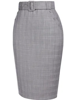 Hot Retro Stage 1960s Plaid Belt Pencil Skirt Gray