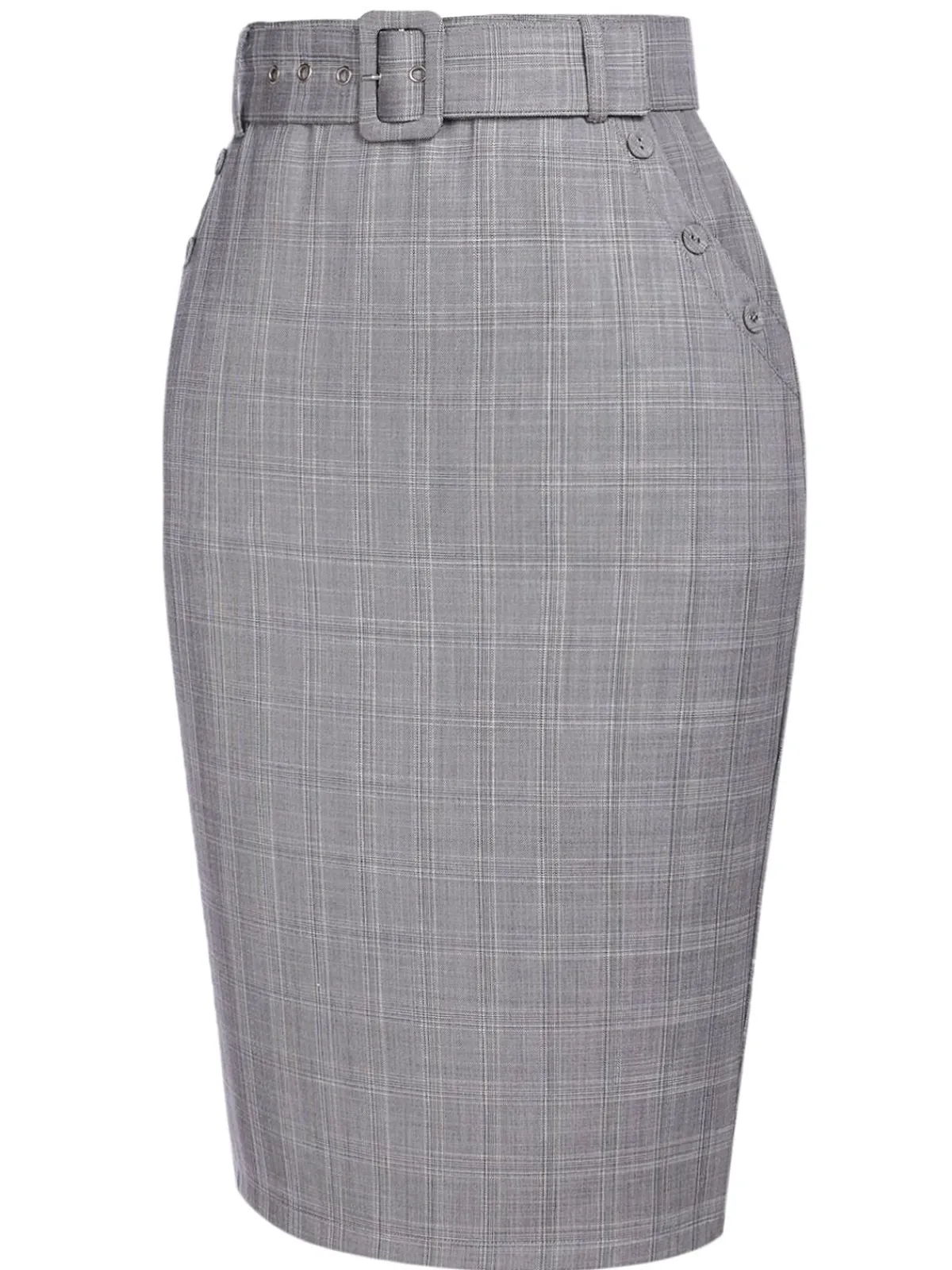 Hot Retro Stage 1960s Plaid Belt Pencil Skirt Gray