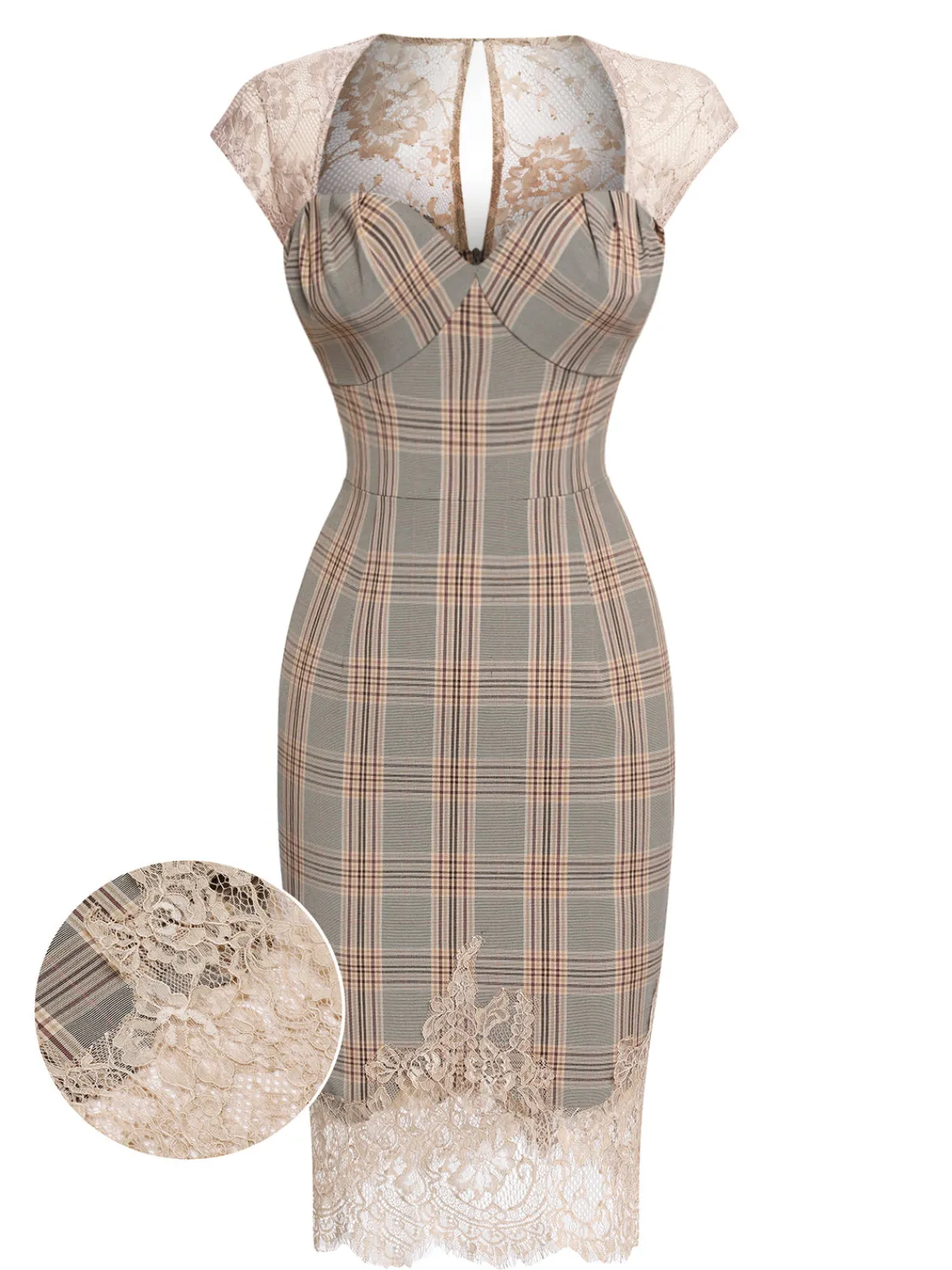Fashion Retro Stage 1960s Plaid Lace Pencil Dress Gray