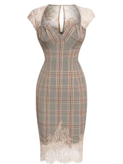 Fashion Retro Stage 1960s Plaid Lace Pencil Dress Gray