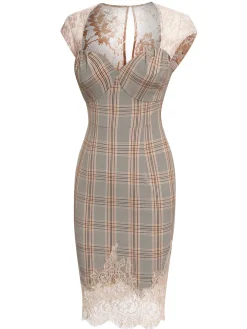 Fashion Retro Stage 1960s Plaid Lace Pencil Dress Gray