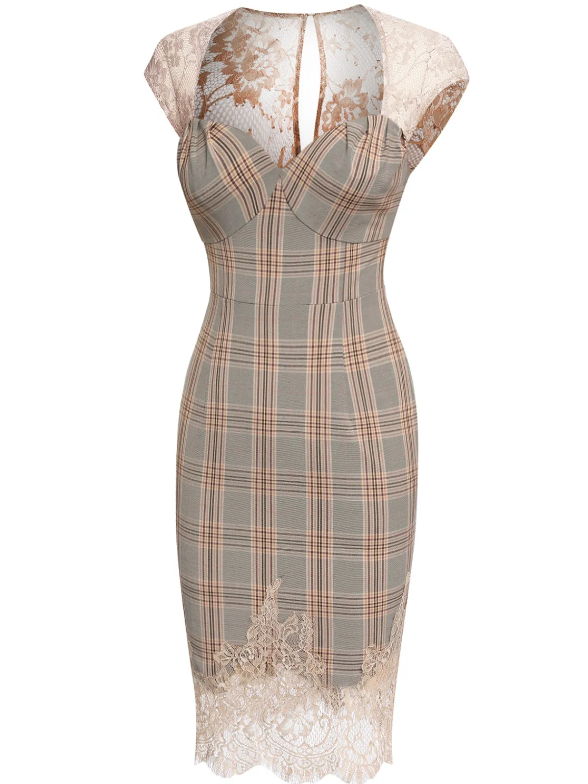 Fashion Retro Stage 1960s Plaid Lace Pencil Dress Gray
