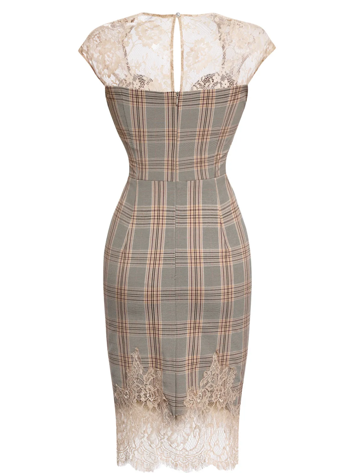 Fashion Retro Stage 1960s Plaid Lace Pencil Dress Gray