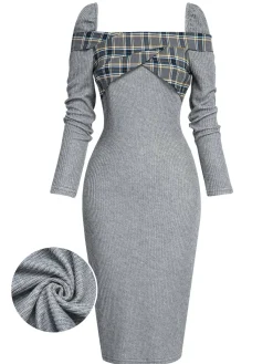 Outlet Retro Stage 1960s Plaid Patchwork Pencil Dress Gray