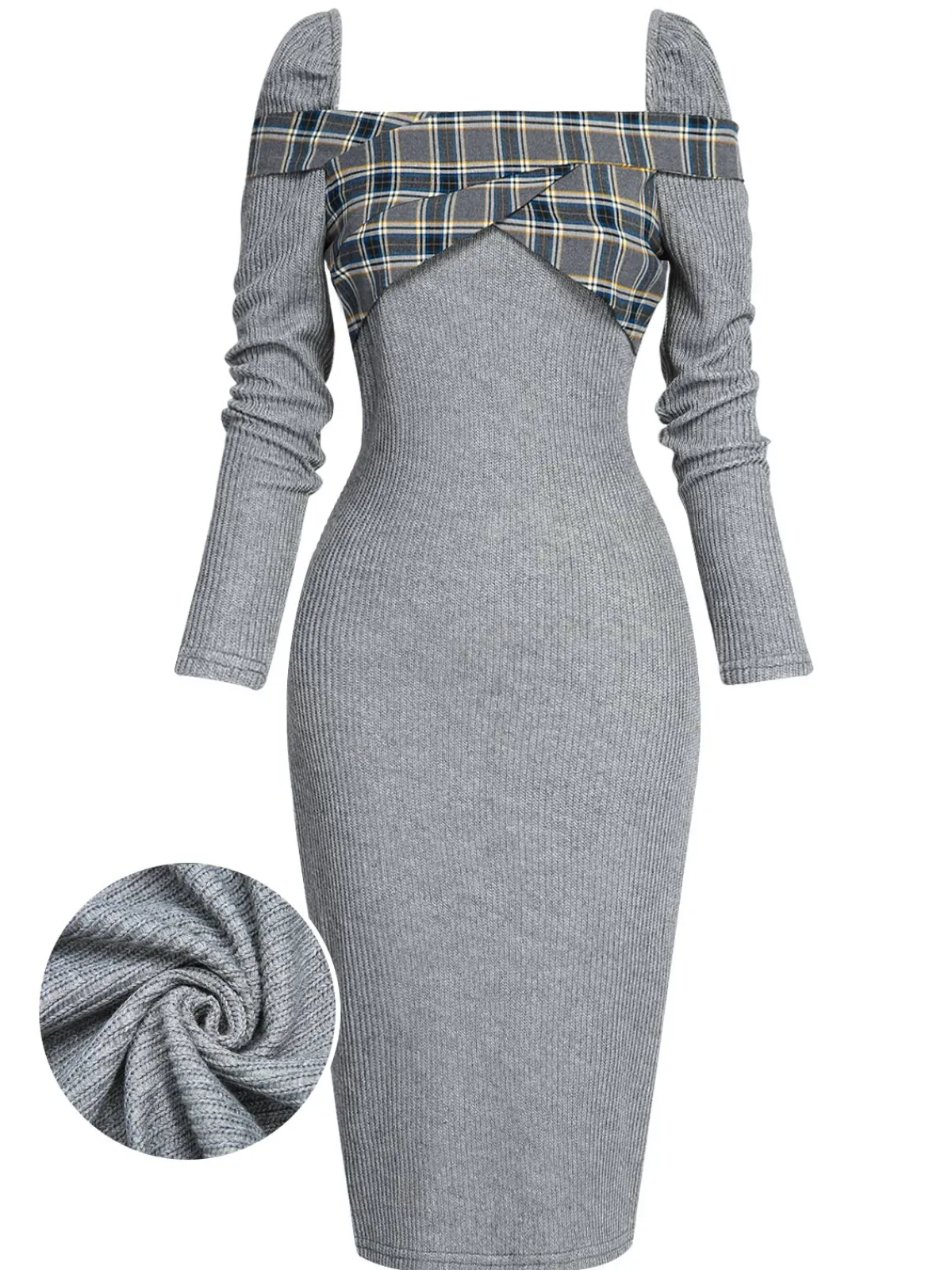 Outlet Retro Stage 1960s Plaid Patchwork Pencil Dress Gray