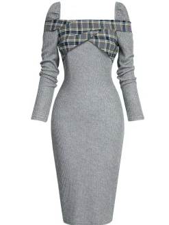Outlet Retro Stage 1960s Plaid Patchwork Pencil Dress Gray