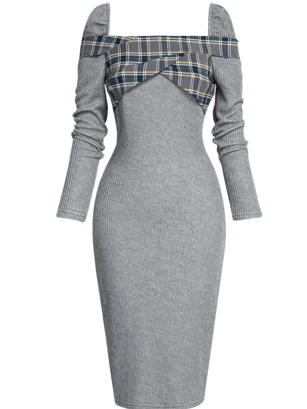 Outlet Retro Stage 1960s Plaid Patchwork Pencil Dress Gray