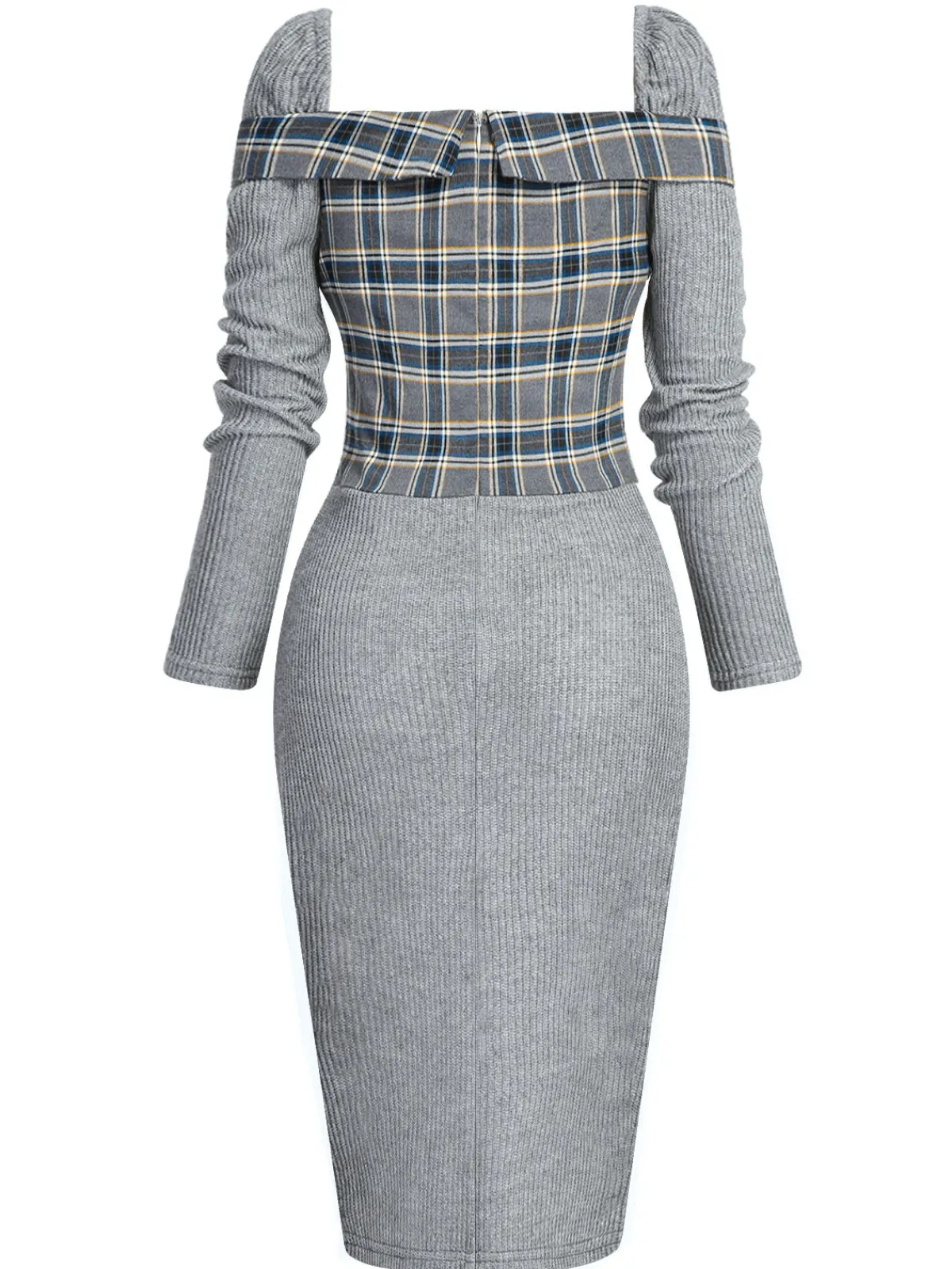 Outlet Retro Stage 1960s Plaid Patchwork Pencil Dress Gray