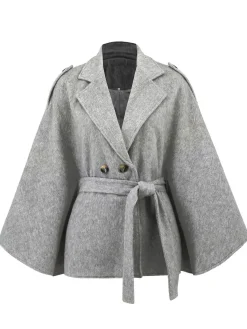 Sale Retro Stage 1950s Solid Notched Collar Belted Cloak Coat Gray