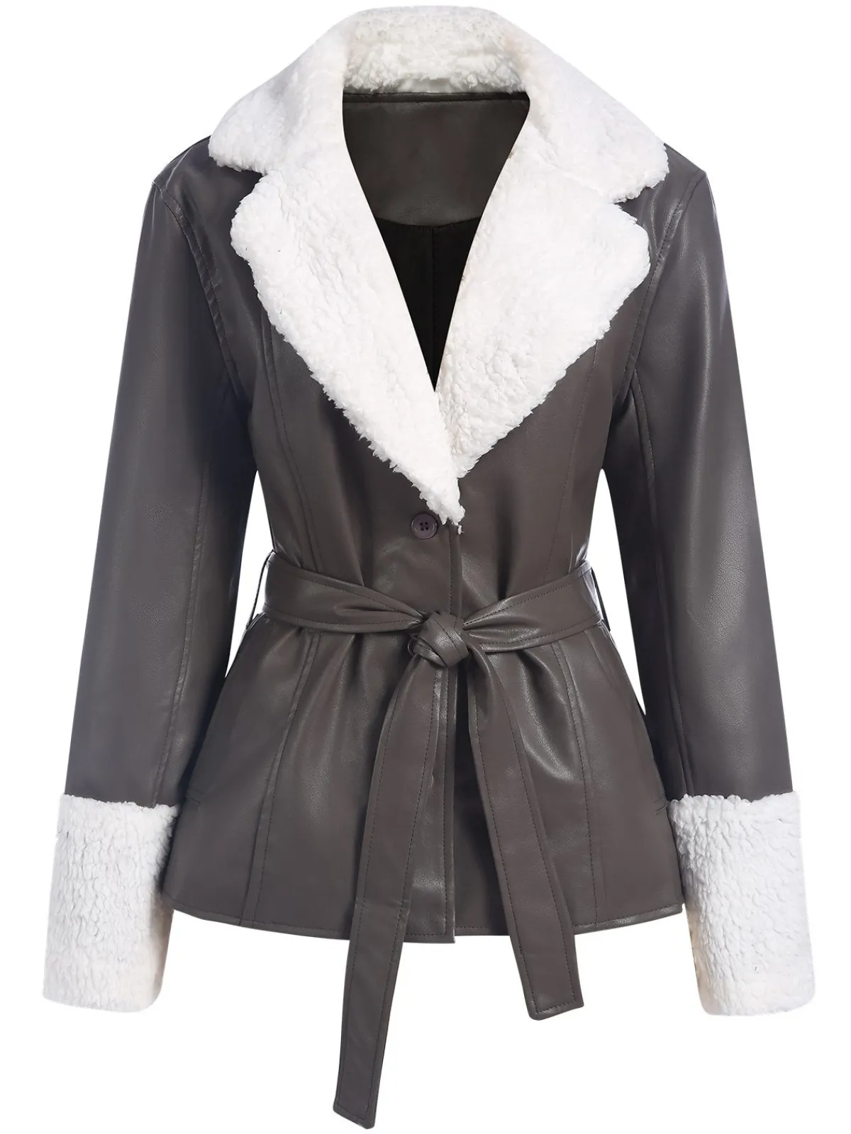 Fashion Retro Stage 1960s Solid Plush Faux Leather Belted Coat Gray