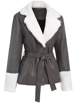 Fashion Retro Stage 1960s Solid Plush Faux Leather Belted Coat Gray