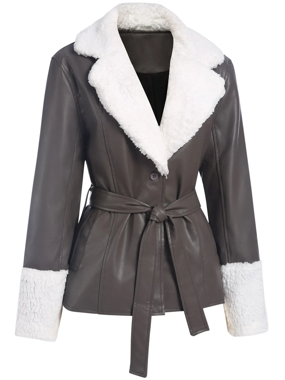 Fashion Retro Stage 1960s Solid Plush Faux Leather Belted Coat Gray