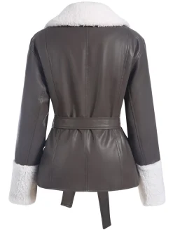 Fashion Retro Stage 1960s Solid Plush Faux Leather Belted Coat Gray