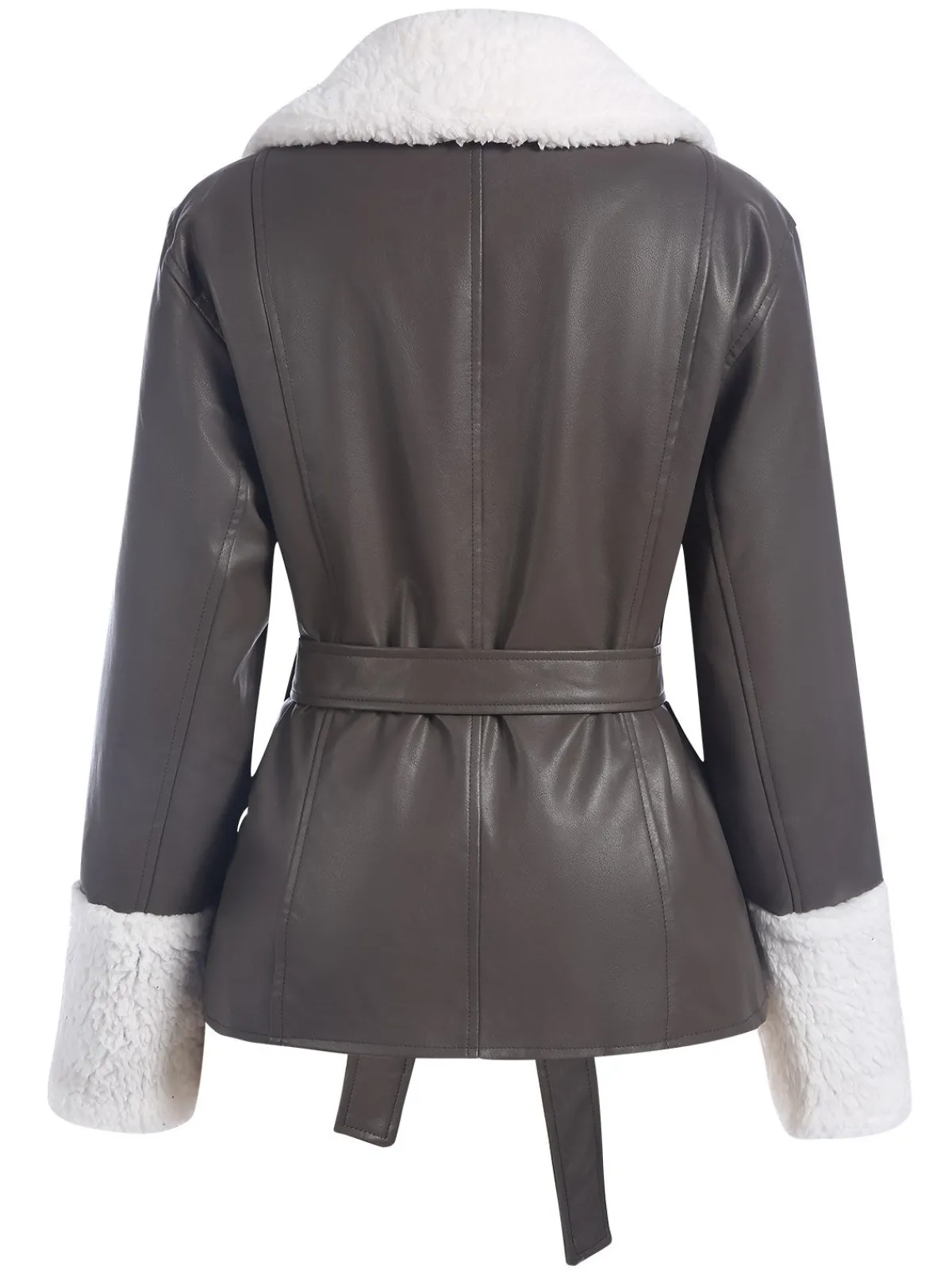 Fashion Retro Stage 1960s Solid Plush Faux Leather Belted Coat Gray