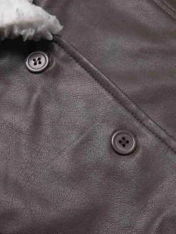 Fashion Retro Stage 1960s Solid Plush Faux Leather Belted Coat Gray
