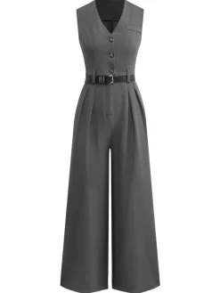 Hot Retro Stage 1930s Solid Sleeeless Office Belted Jumpsuit Gray