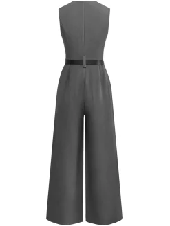 Hot Retro Stage 1930s Solid Sleeeless Office Belted Jumpsuit Gray
