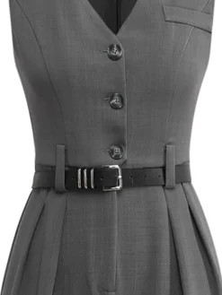 Hot Retro Stage 1930s Solid Sleeeless Office Belted Jumpsuit Gray