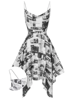 Outlet Retro Stage 1970s Spaghetti Straps Cowl Neck Newspaper Dress Gray