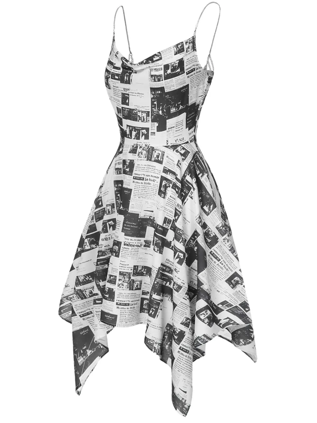 Outlet Retro Stage 1970s Spaghetti Straps Cowl Neck Newspaper Dress Gray