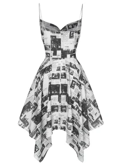 Outlet Retro Stage 1970s Spaghetti Straps Cowl Neck Newspaper Dress Gray