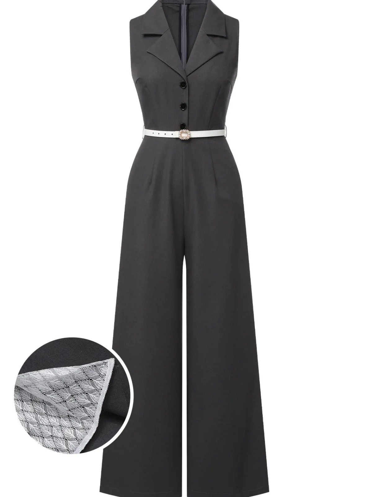 Clearance Retro Stage Gray 1940s V-Neck Lapel Lace-Patchwork Jumpsuit Dark Gray