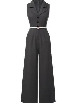 Clearance Retro Stage Gray 1940s V-Neck Lapel Lace-Patchwork Jumpsuit Dark Gray
