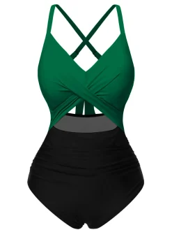 New Retro Stage Green & Black 1940s Hollow Waist Patchwork Swimsuit