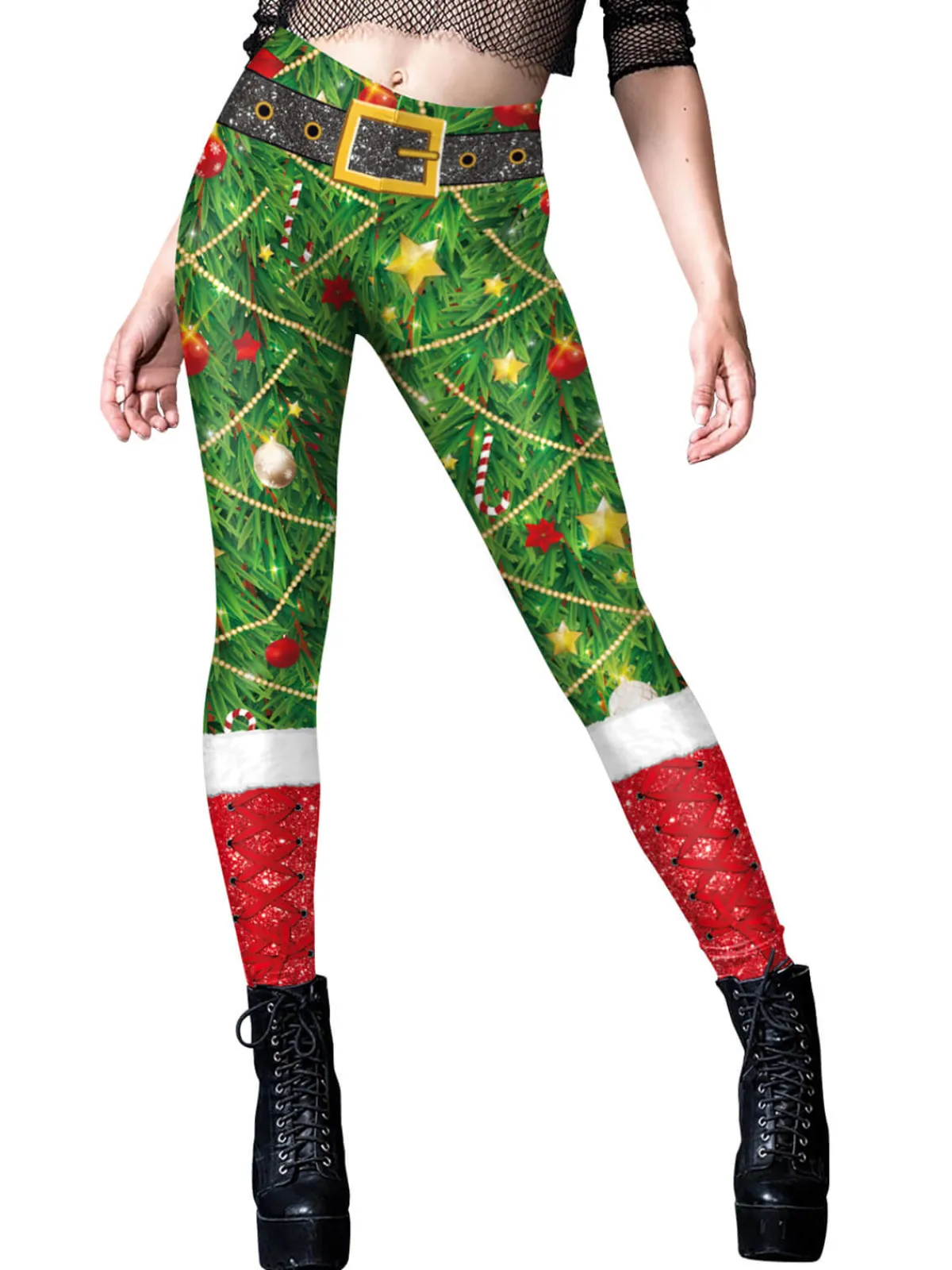 Discount Retro Stage 1960s Christmas Star Bell Leggings Green & Red