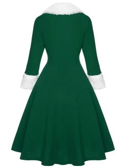 Sale Retro Stage Green & White 1950s Christmas Lapel Dress