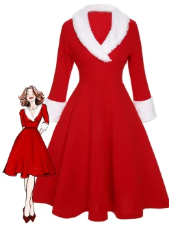Sale Retro Stage Green & White 1950s Christmas Lapel Dress
