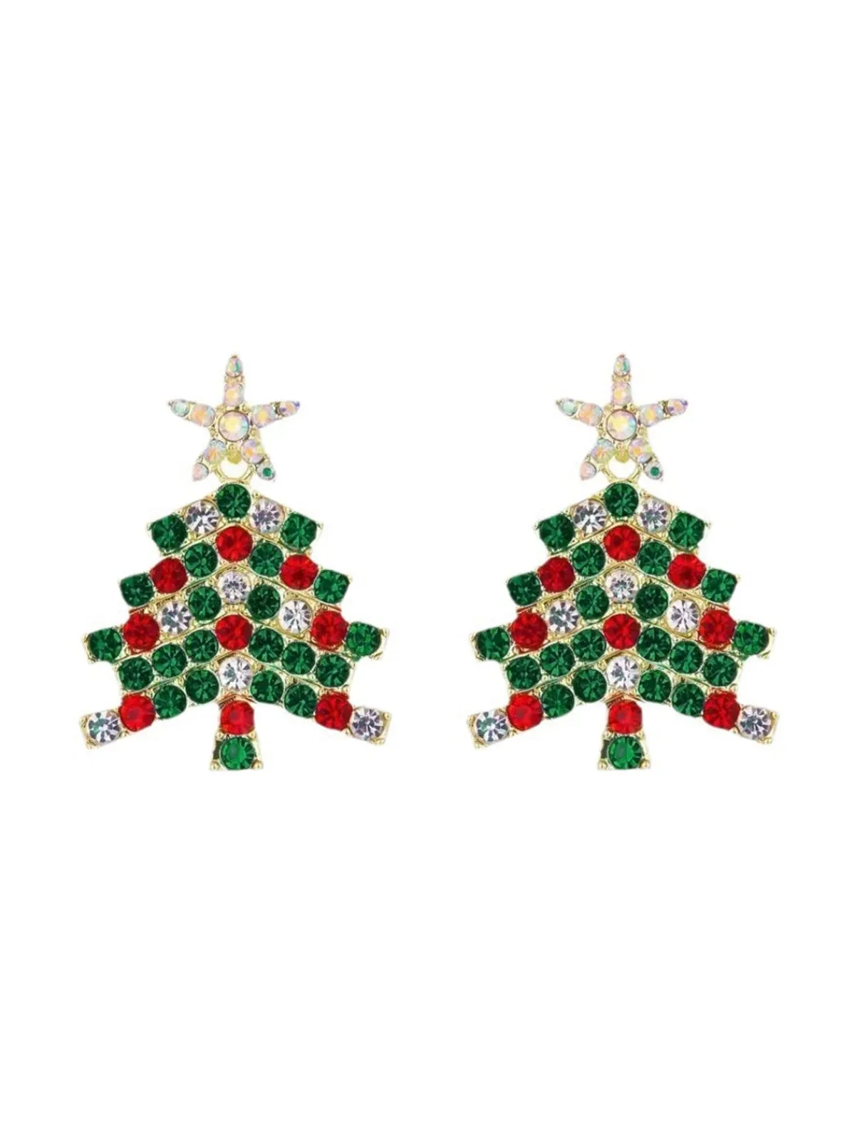 New Retro Stage Green Christmas Tree & Star Rhinestones Earrings