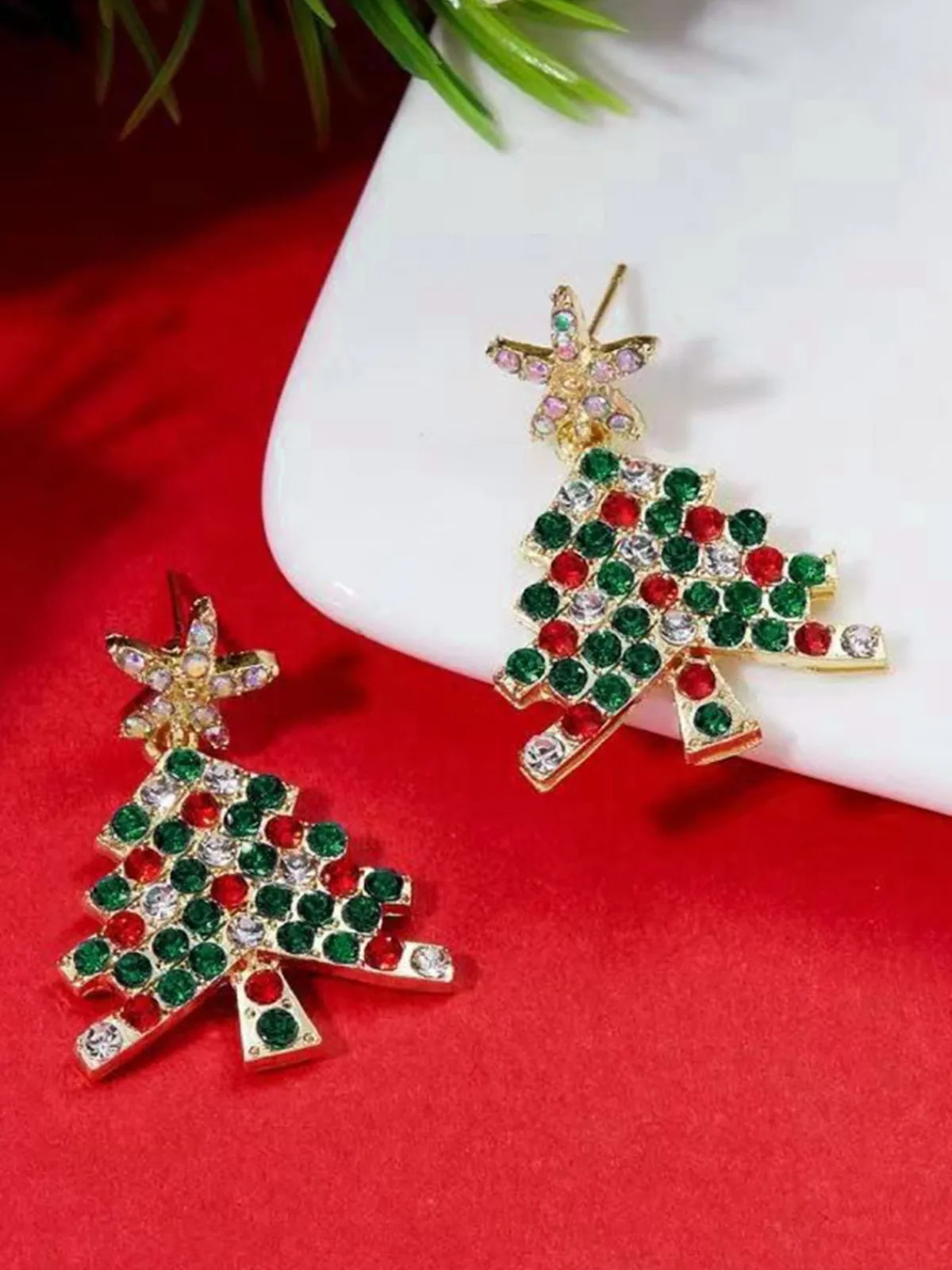 New Retro Stage Green Christmas Tree & Star Rhinestones Earrings