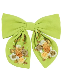 Clearance Retro Stage Green Cotton Hand-Embroidered Bow Hairpin