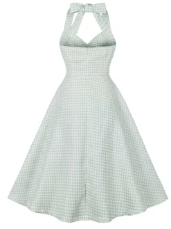 Online Retro Stage 1950s Halter Plaids Dress Green Gray