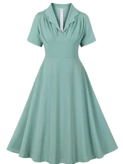 Online Retro Stage 1950s Lapel Solid Dress Green Gray