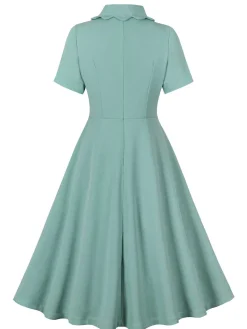 Online Retro Stage 1950s Lapel Solid Dress Green Gray