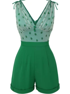 Clearance Retro Stage 1950s Avocado Mesh V-Neck Romper Green