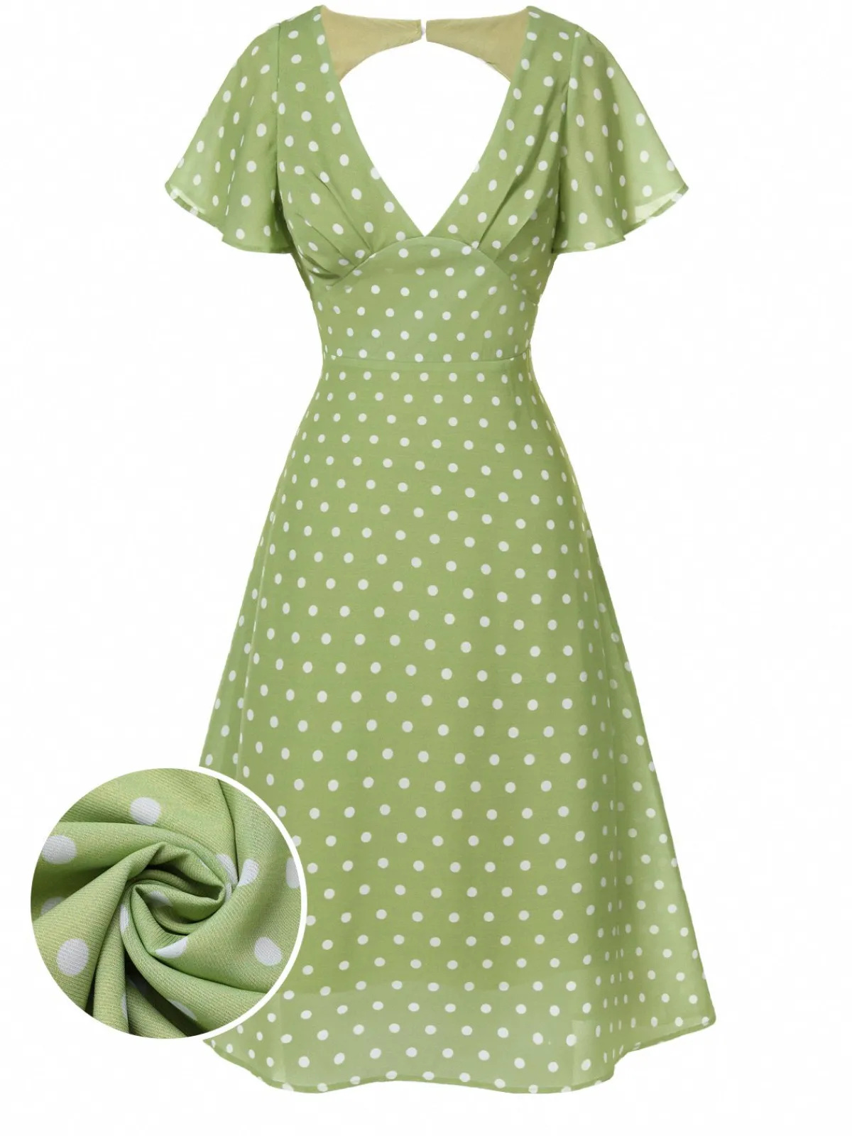 Discount Retro Stage Green 1940s Back Hollow-Out Polka Dots Dress Green Yellow